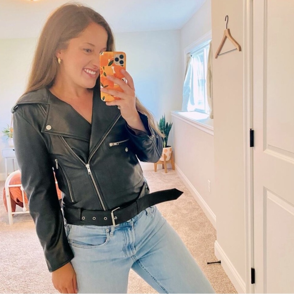 MUUBAA Black Sheep Leather Crop Moto Belted Jacket 4